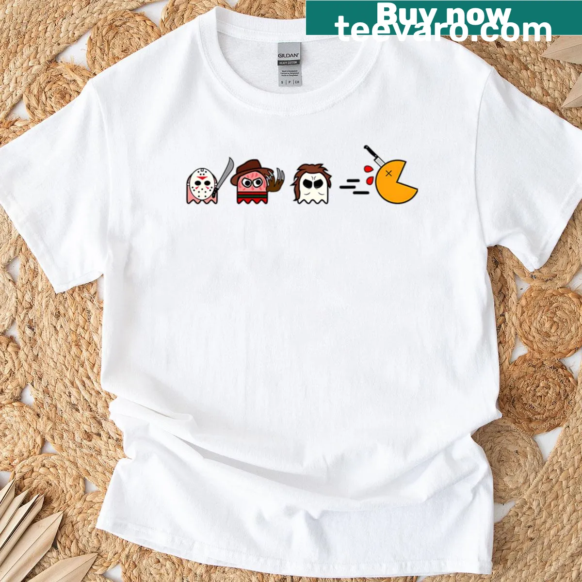 Cartoon ghosts parodying horror movies on a Halloween T-shirt design — on a men's t-shirt