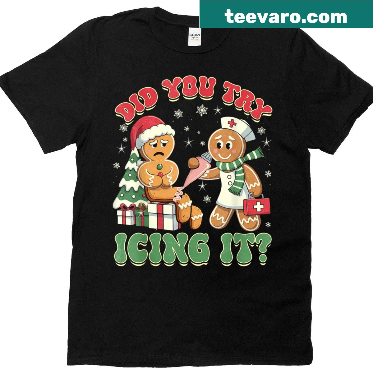 Christmas t-shirt featuring a gingerbread nurse with humorous text — on a men's t-shirt