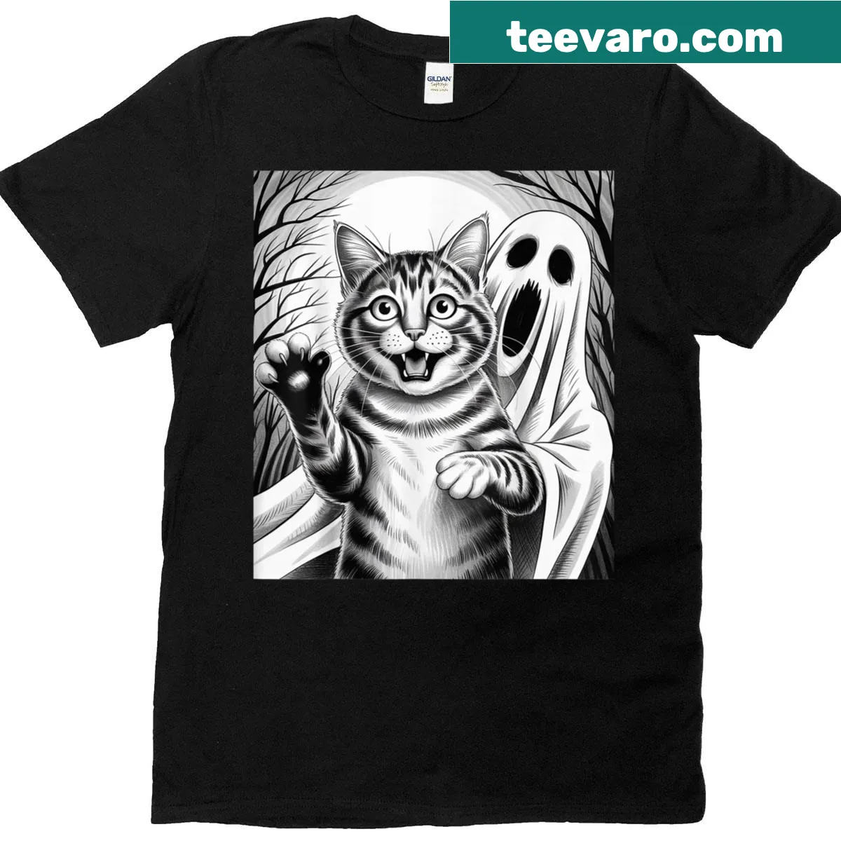Cat selfie with ghost graphics on a Halloween T-shirt — on a men's t-shirt