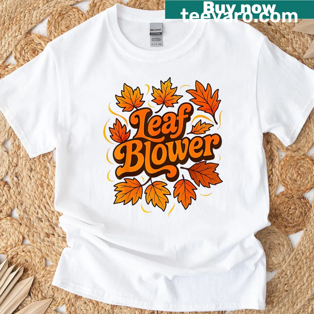 Couple Halloween T-shirt featuring a funny leaf blower illustration — on a men's t-shirt