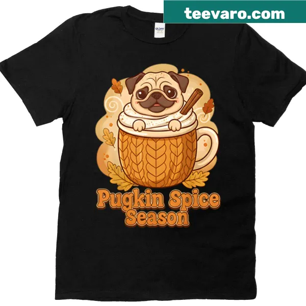 Vintage pug T-shirt with playful pumpkin spice autumn design.