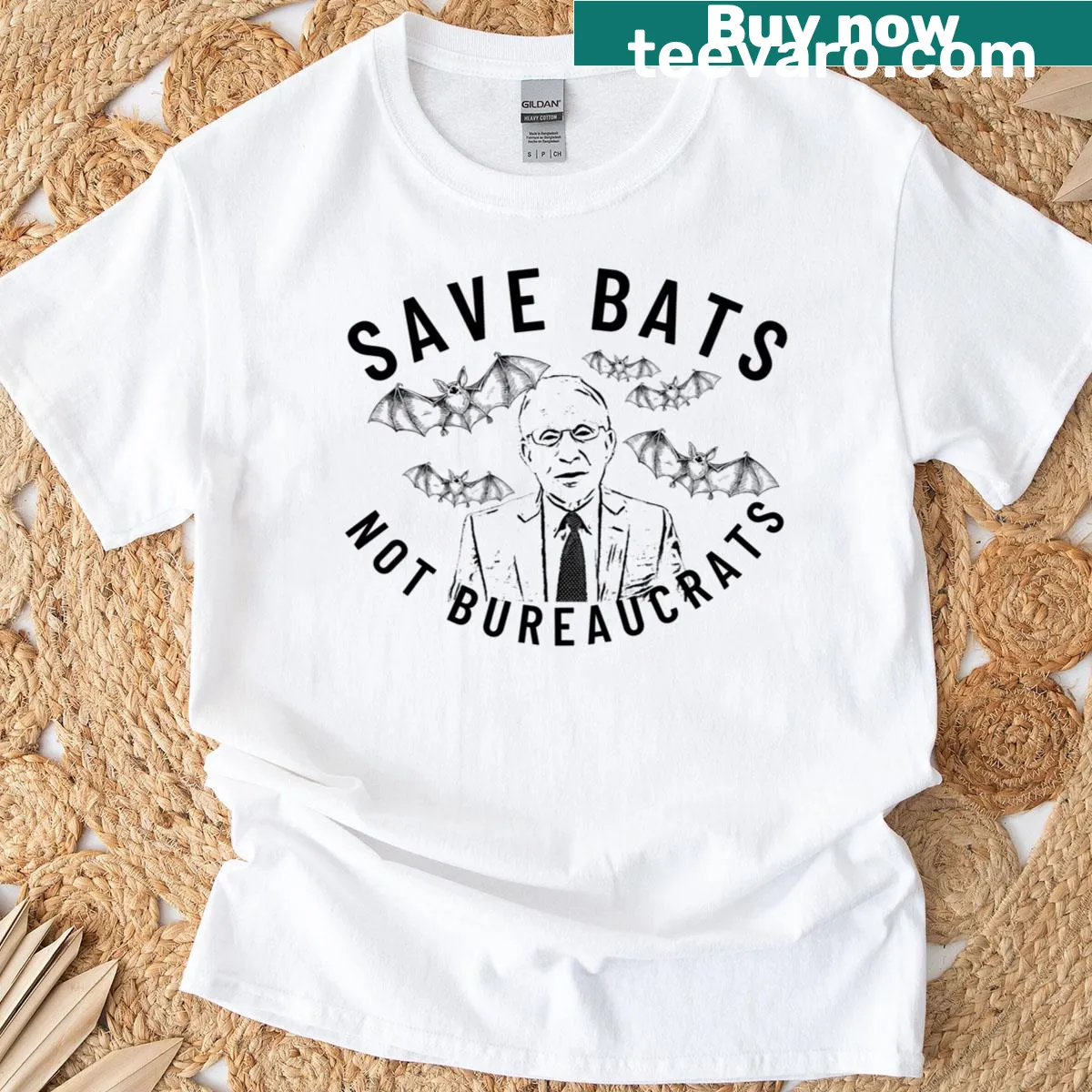 Witty graphic tee with the phrase 'Save Bats Not Bureaucrats' — on a men's t-shirt