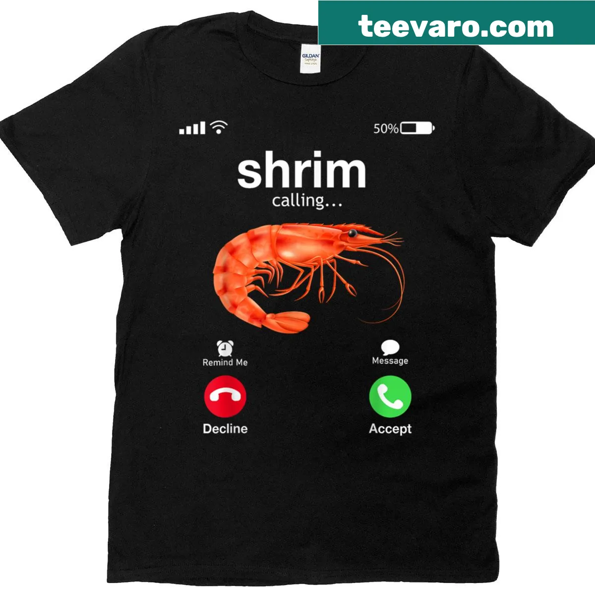 Funny shrimp meme T-shirt featuring Shrim Is Calling — on a men's t-shirt