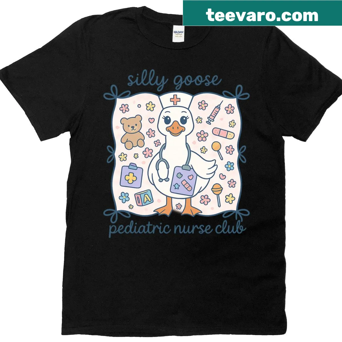 Funny pediatric nurse t-shirt with silly goose design — on a men's t-shirt
