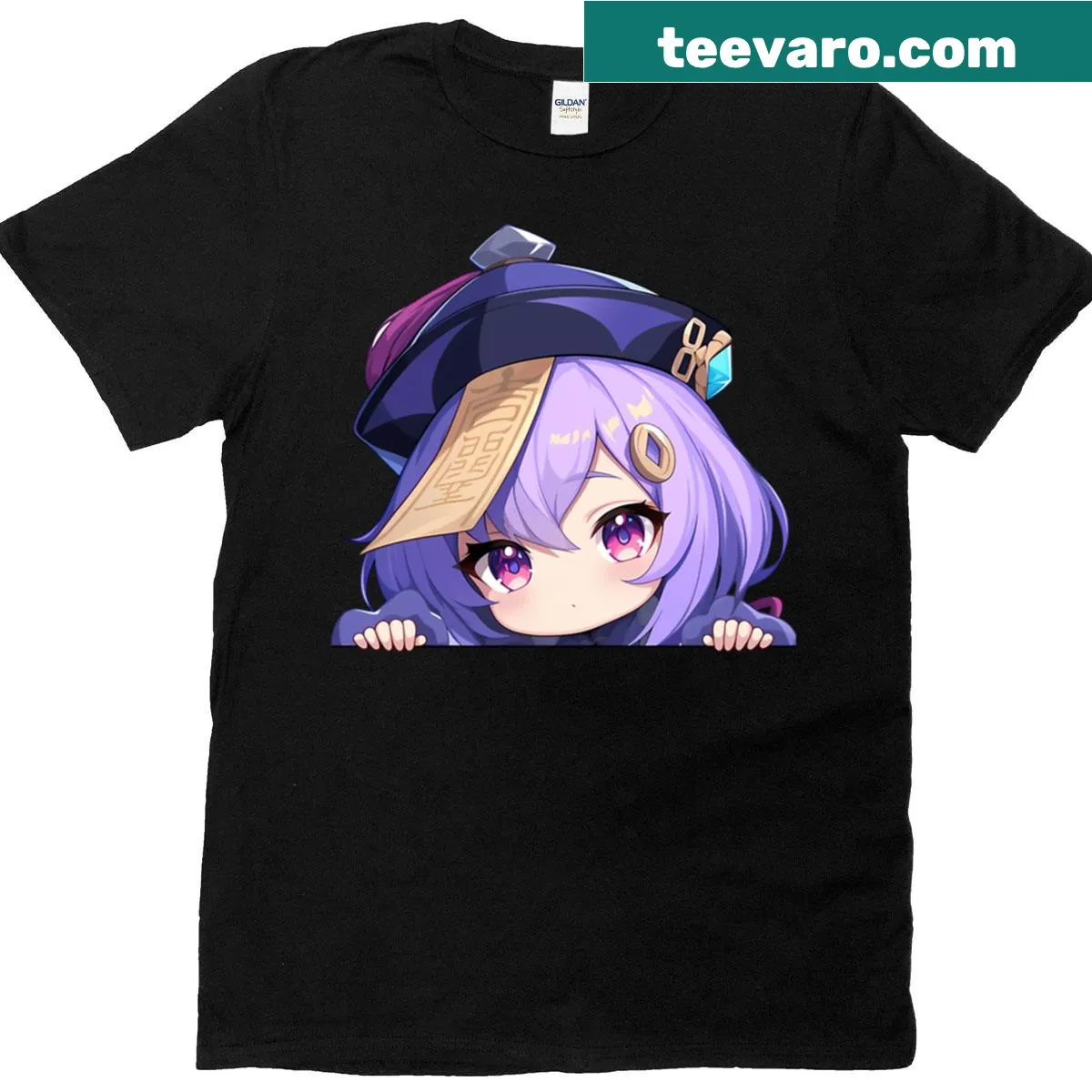 Cute chibi T-shirt featuring Qiqi from Genshin Impact in a peeking pose — on a men's t-shirt