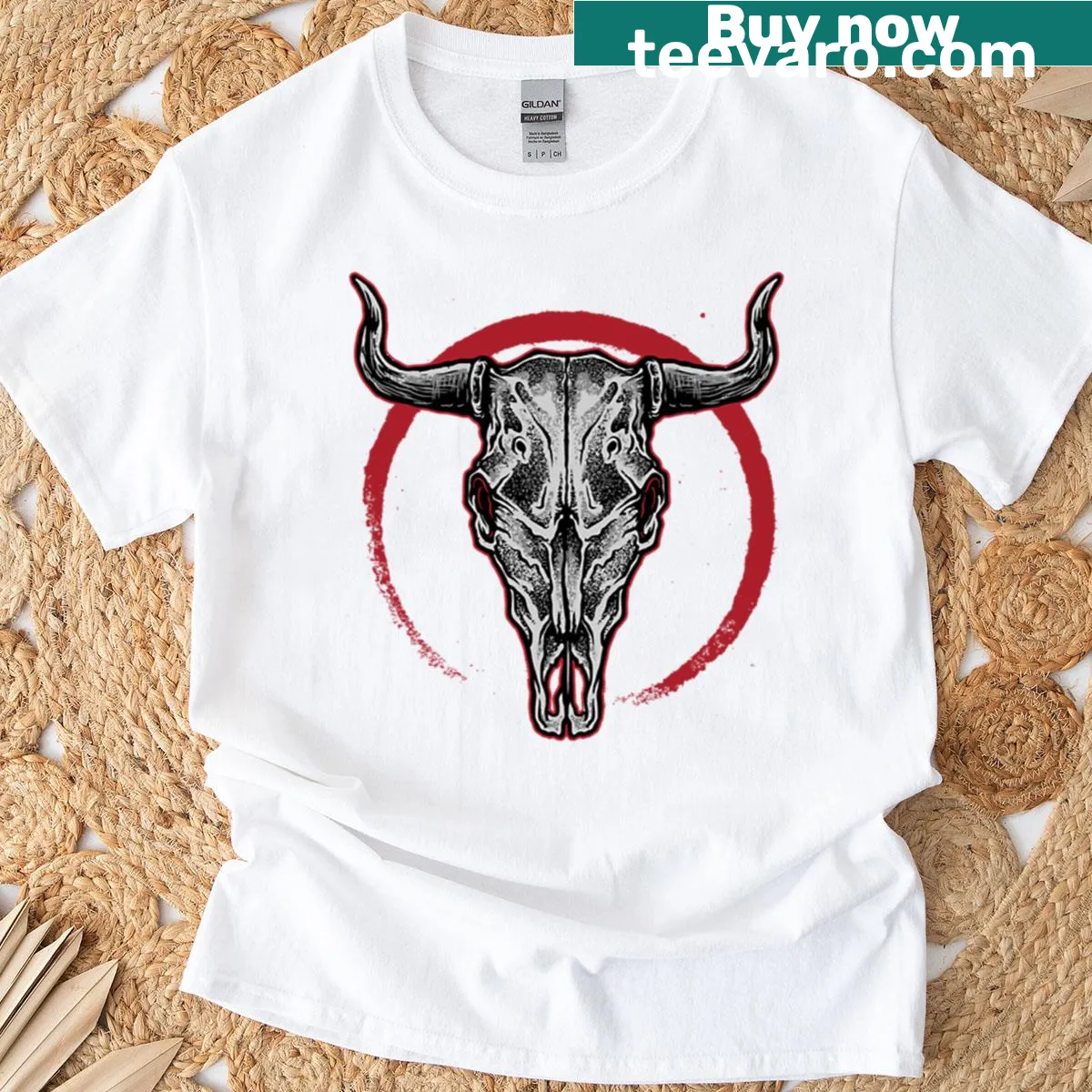 Ghostly goat skull design on a Halloween T-shirt — on a men's t-shirt