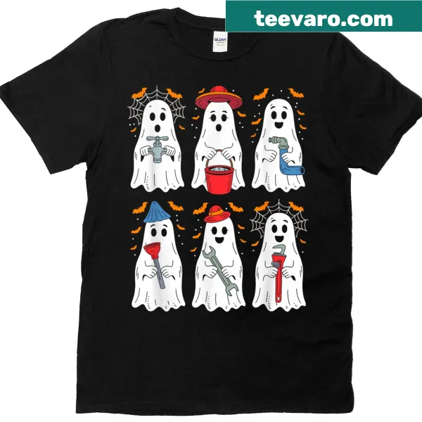 Funny Ghost Plumber Halloween T-shirt for men with cartoon graphic.