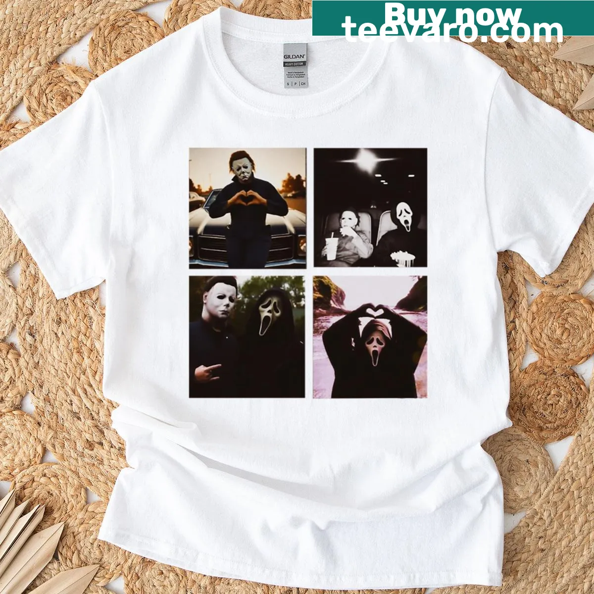 Graphic T-shirt featuring Ghostface and Michael Myers — on a men's t-shirt