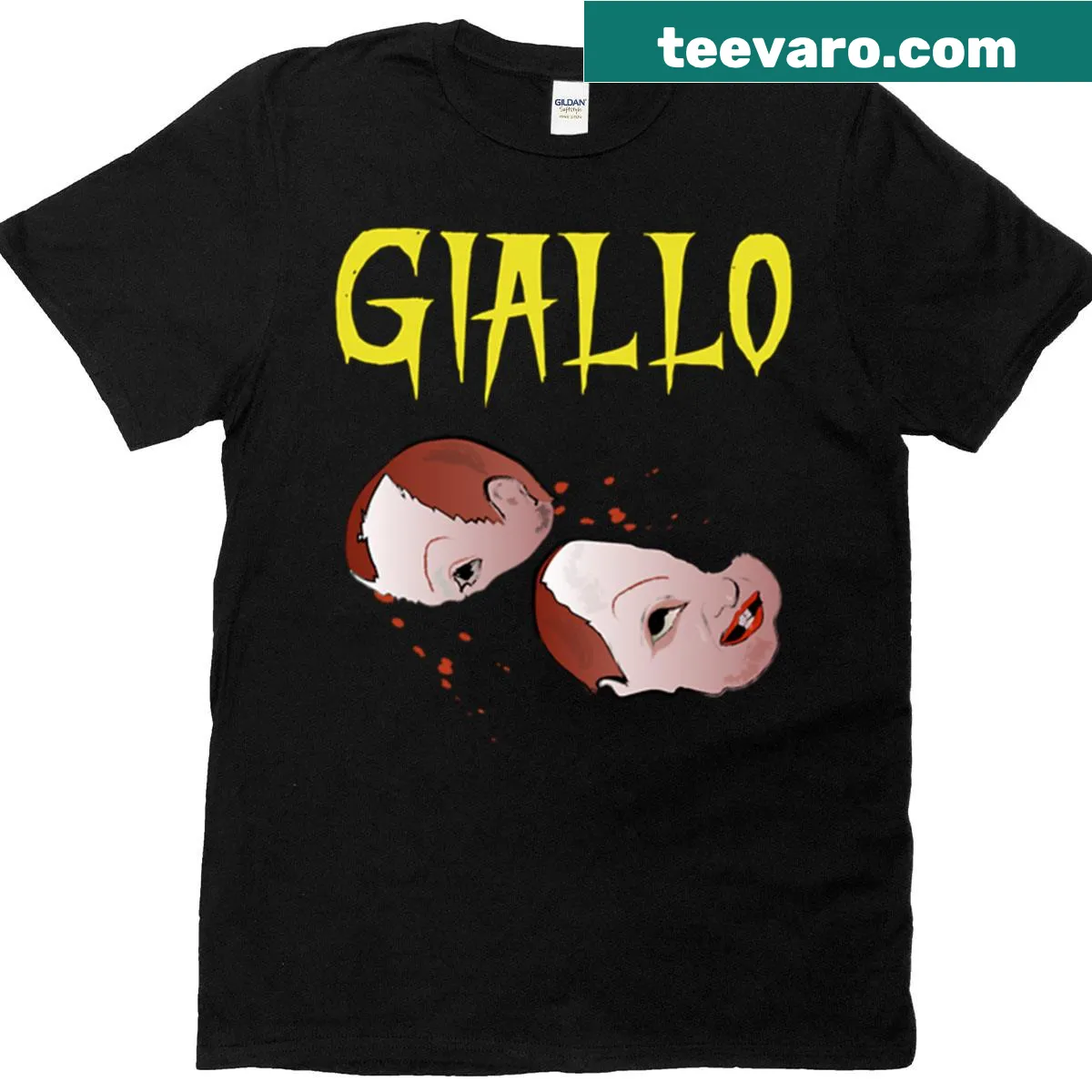 Minimalist typography design celebrating Giallo cinema on a t-shirt — on a men's t-shirt
