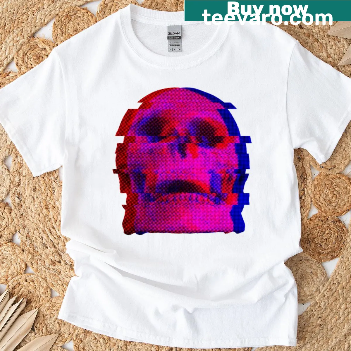 Vintage-style T-shirt with a glitched skull design — on a men's t-shirt