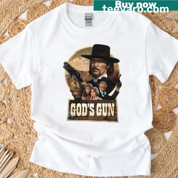 Retro design T-shirt paying tribute to the 1976 film Gods Gun.