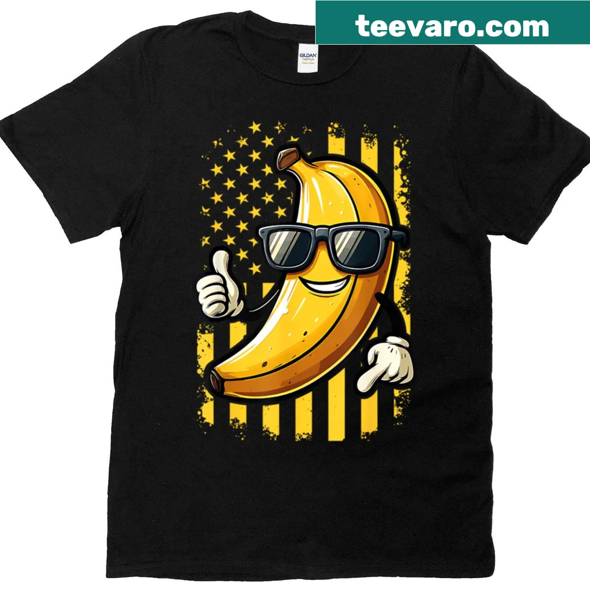 Retro American flag T-shirt with bananas graphic and proud text — on a men's t-shirt