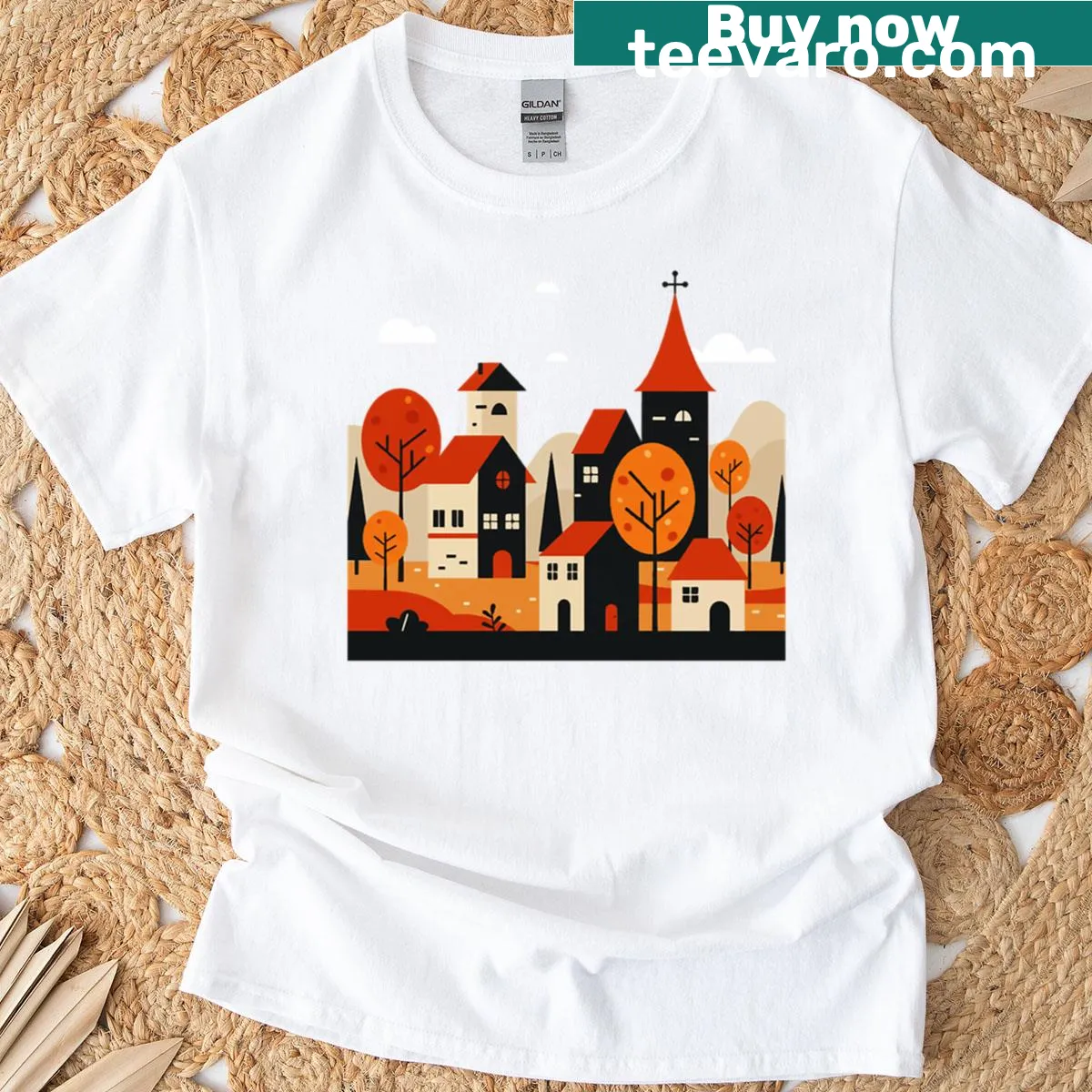 Rural autumn landscape graphic T-shirt — on a men's t-shirt