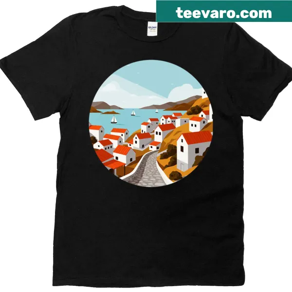 T-shirt featuring a design inspired by Greek villages