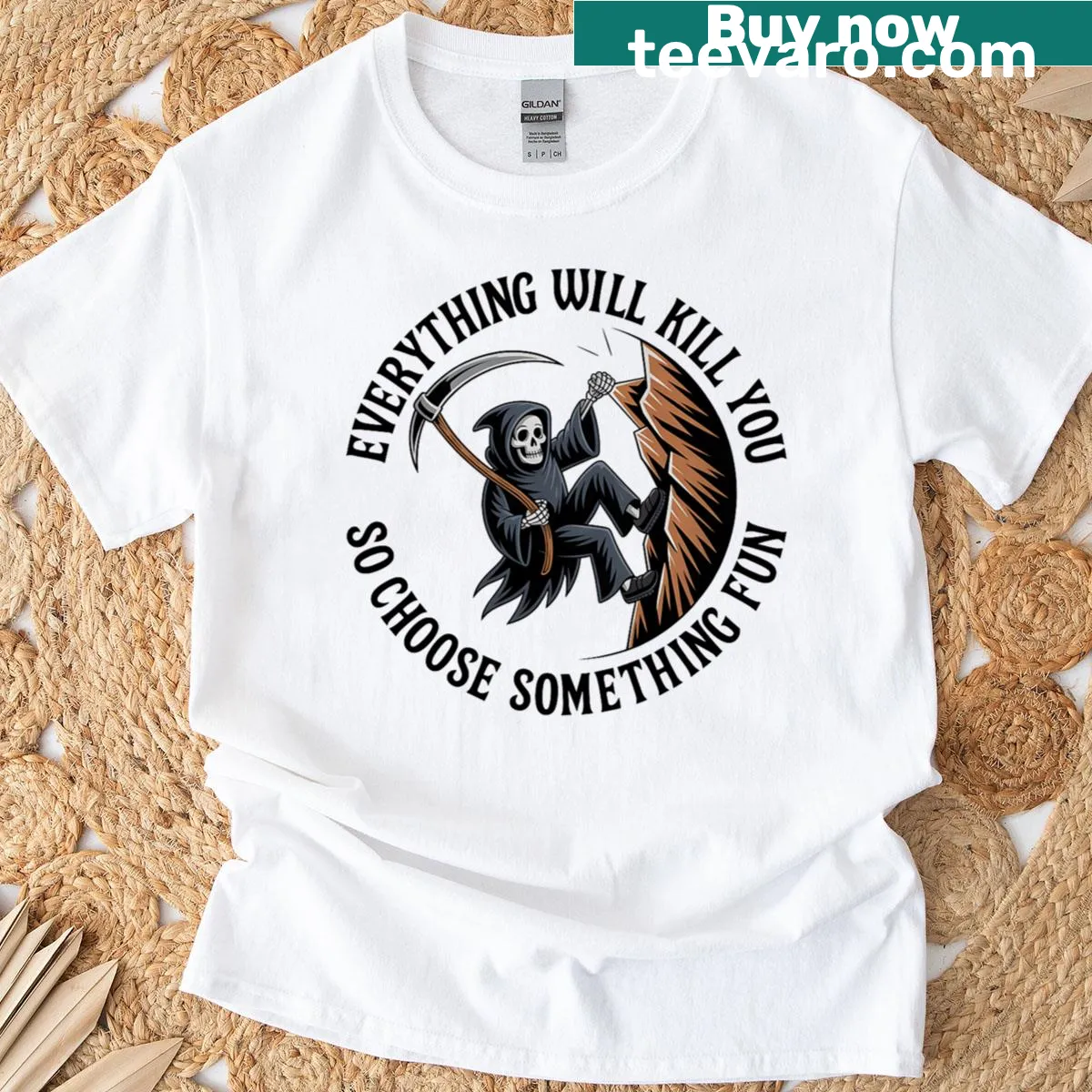Grim Reaper graphic t-shirt with humorous text — on a men's t-shirt