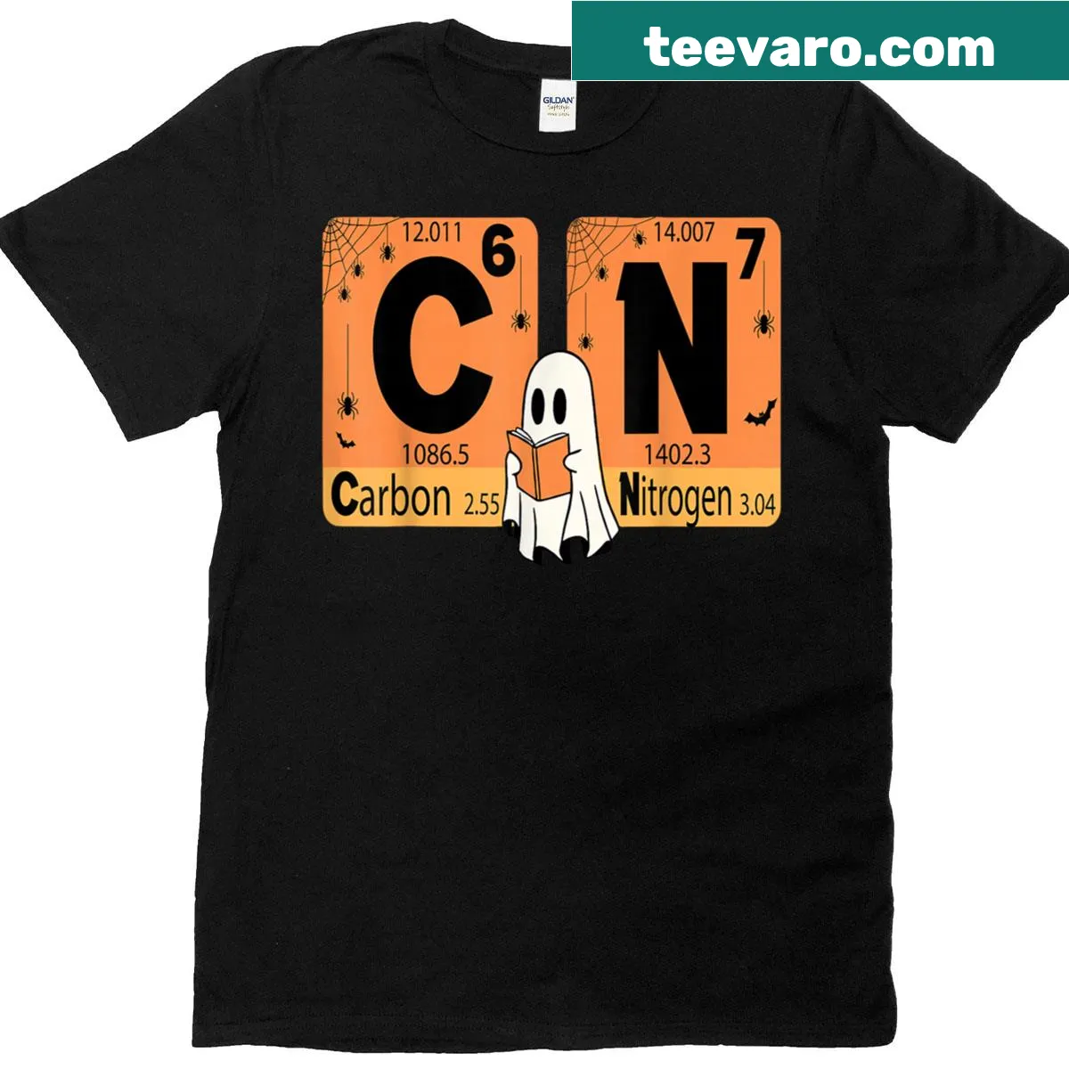 Humorous Halloween t-shirt featuring periodic table elements — on a men's t-shirt