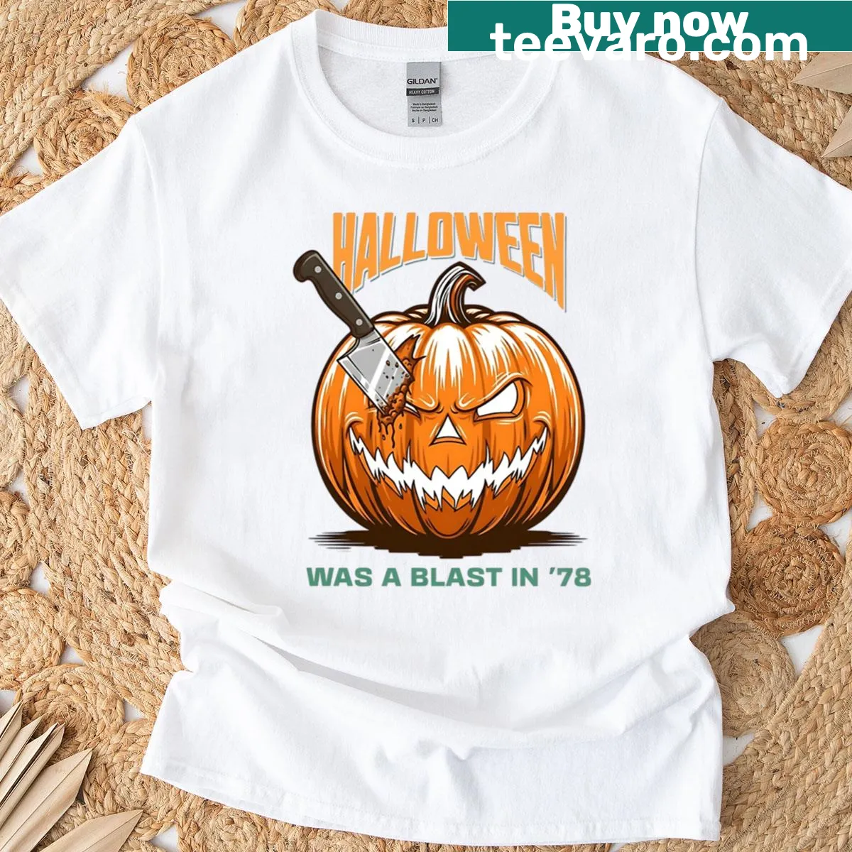 Nostalgic Halloween 78 t-shirt with classic horror imagery — on a men's t-shirt