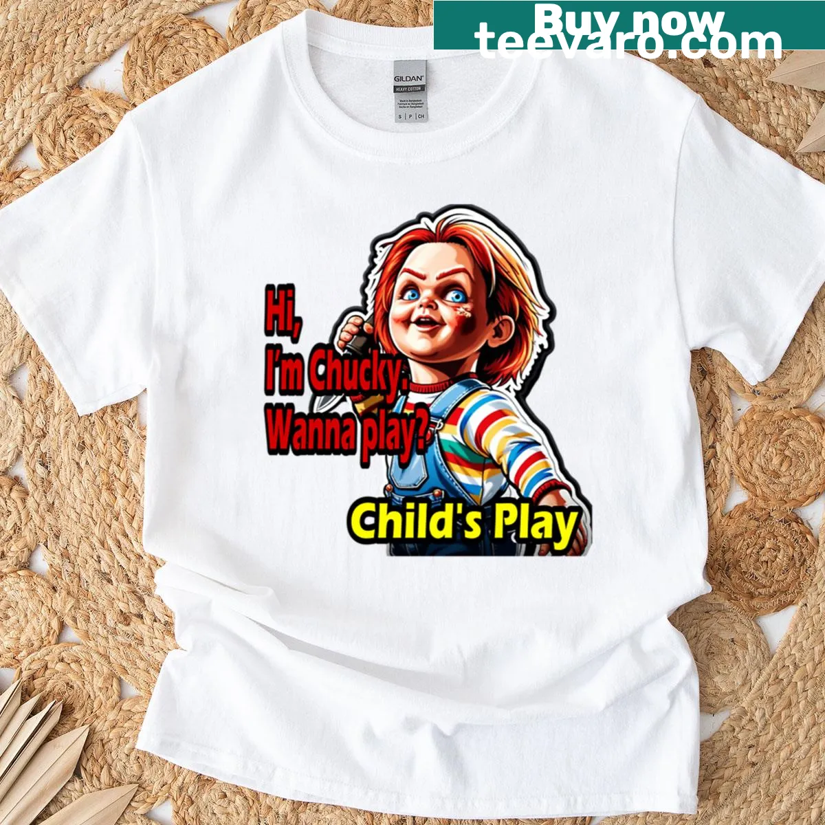 Halloween T-shirt featuring Chucky from horror films — on a men's t-shirt