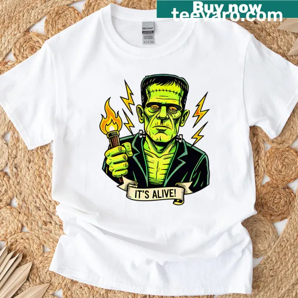 Funny Halloween shirt with It's Alive text and monsters