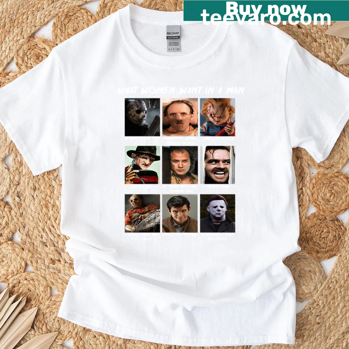 Halloween T-shirt with humorous take on horror movie characters — on a men's t-shirt