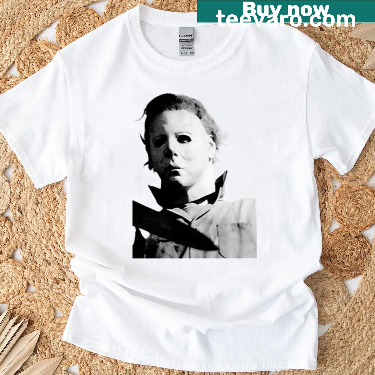 Oversized Halloween t-shirt featuring Mike Myers with a playful design — on a men's t-shirt