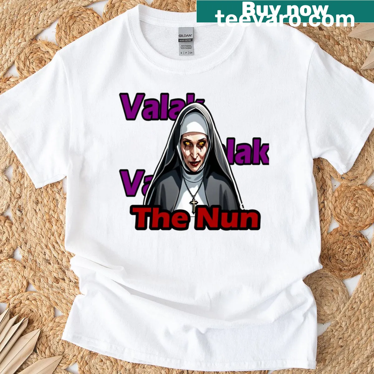 Horror t-shirt featuring Valak The Nun design — on a men's t-shirt