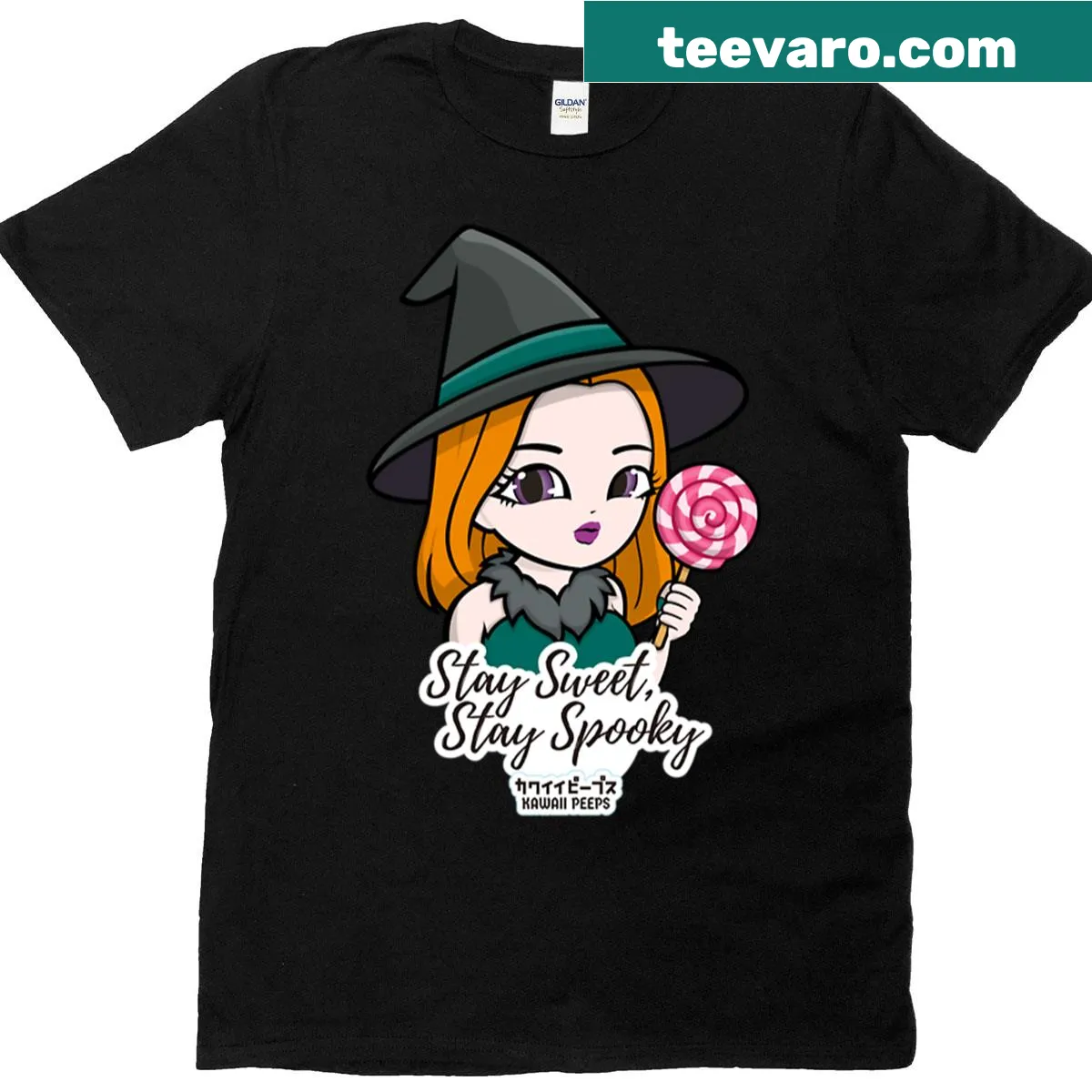 Kawaii Halloween T-shirt with cute witch and candy design — on a men's t-shirt