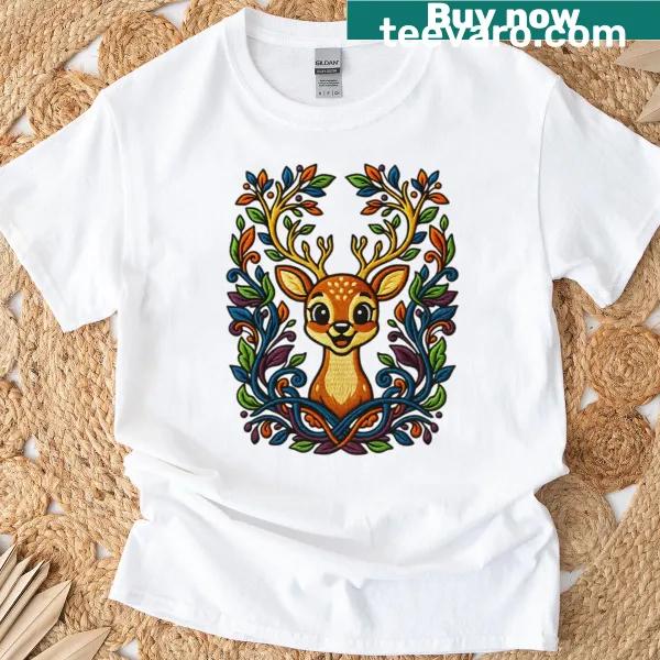 Happy deer illustration surrounded by flowers in the forest