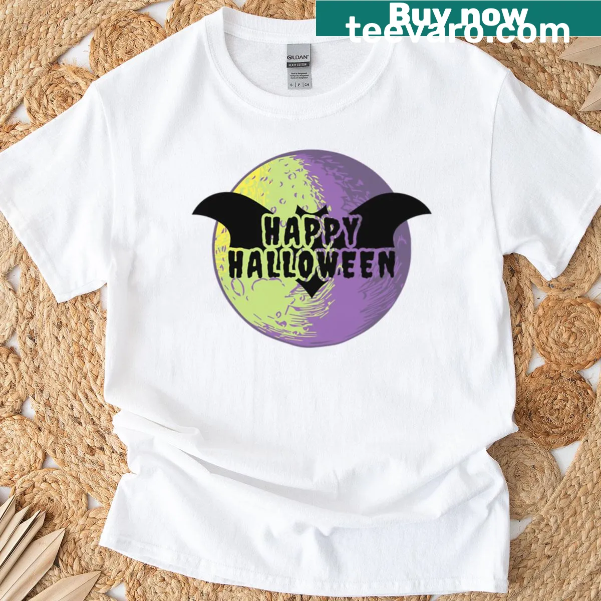 Happy Halloween themed t-shirt with cheerful typography — on a men's t-shirt