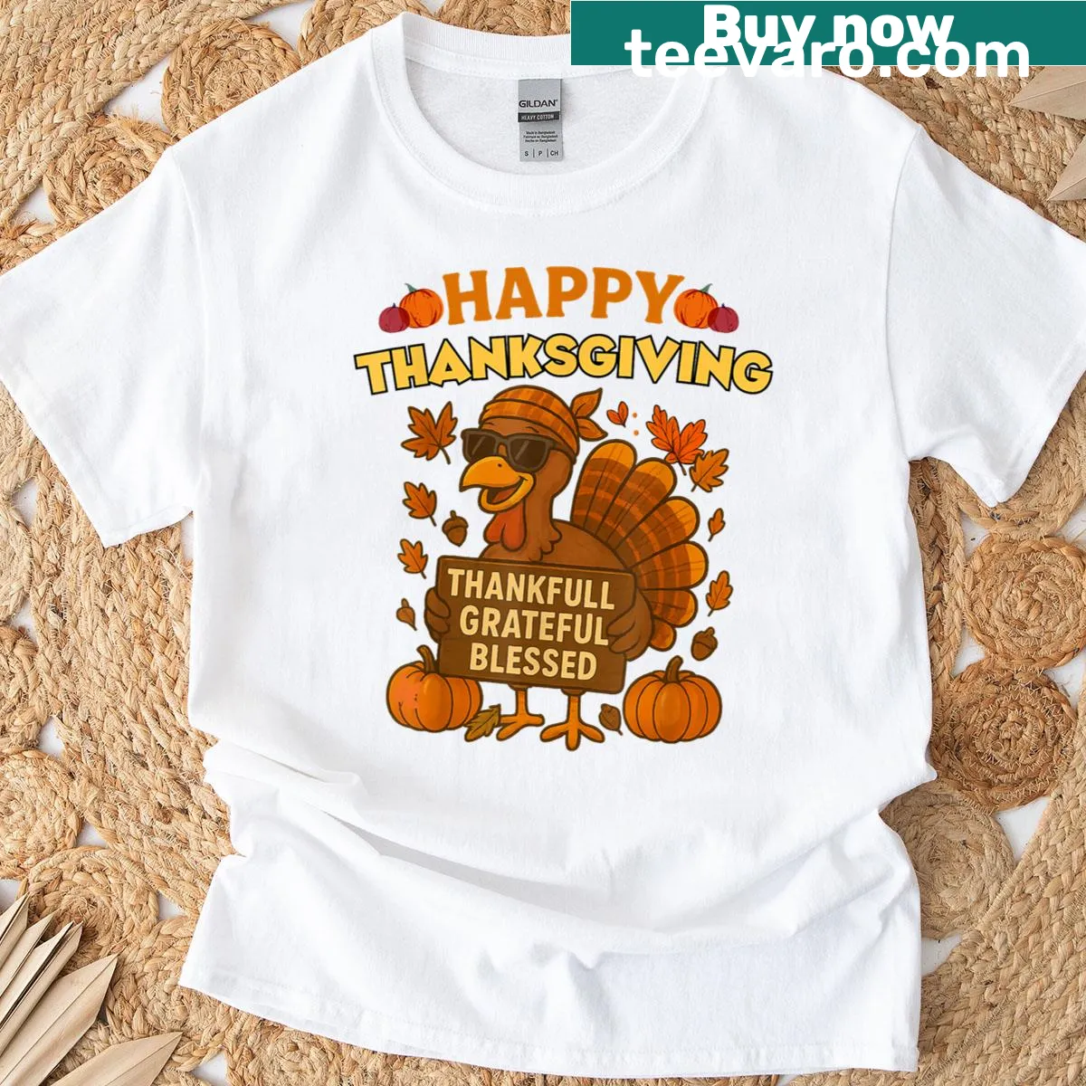 Thanksgiving t-shirt with turkey and the phrase 'Thankful Grateful Blessed' — on a men's t-shirt