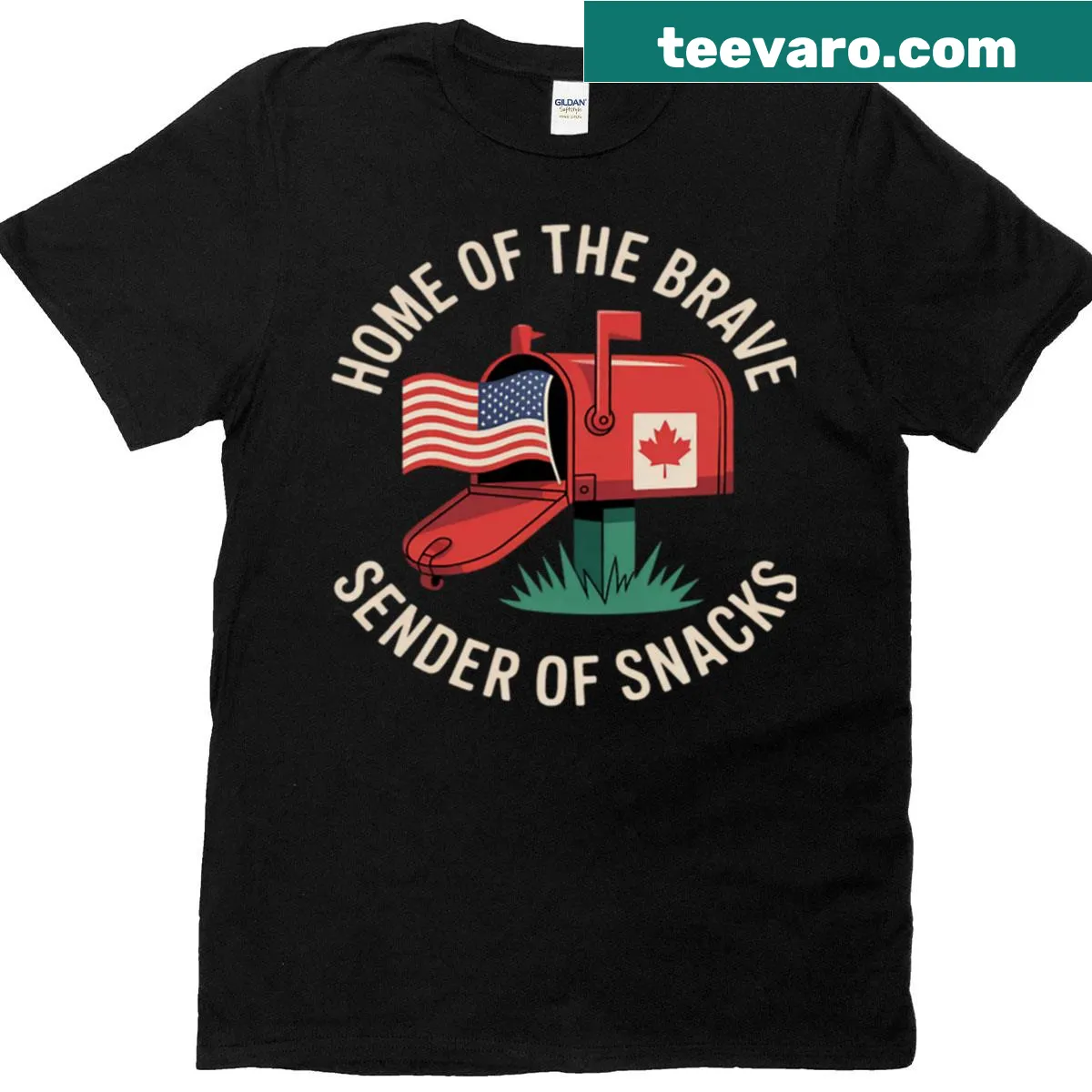 Patriotic t-shirt featuring a maple leaf mailbox with snacks — on a men's t-shirt