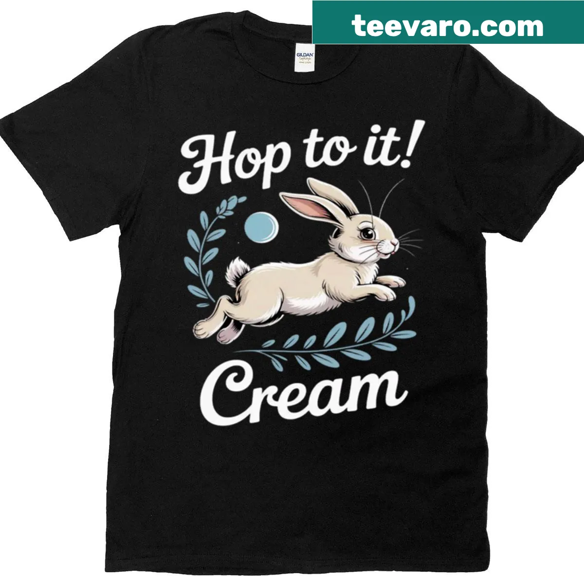 Cartoon bunny design on a powder blue cottagecore t-shirt for kids — on a men's t-shirt