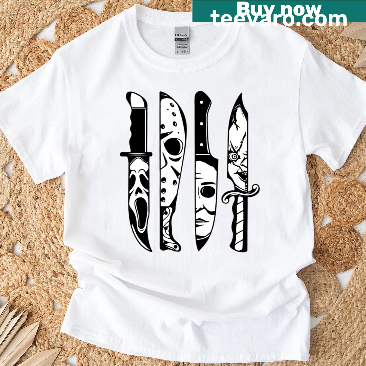 Horror-themed T-shirt with knife design featuring iconic movie characters — on a men's t-shirt