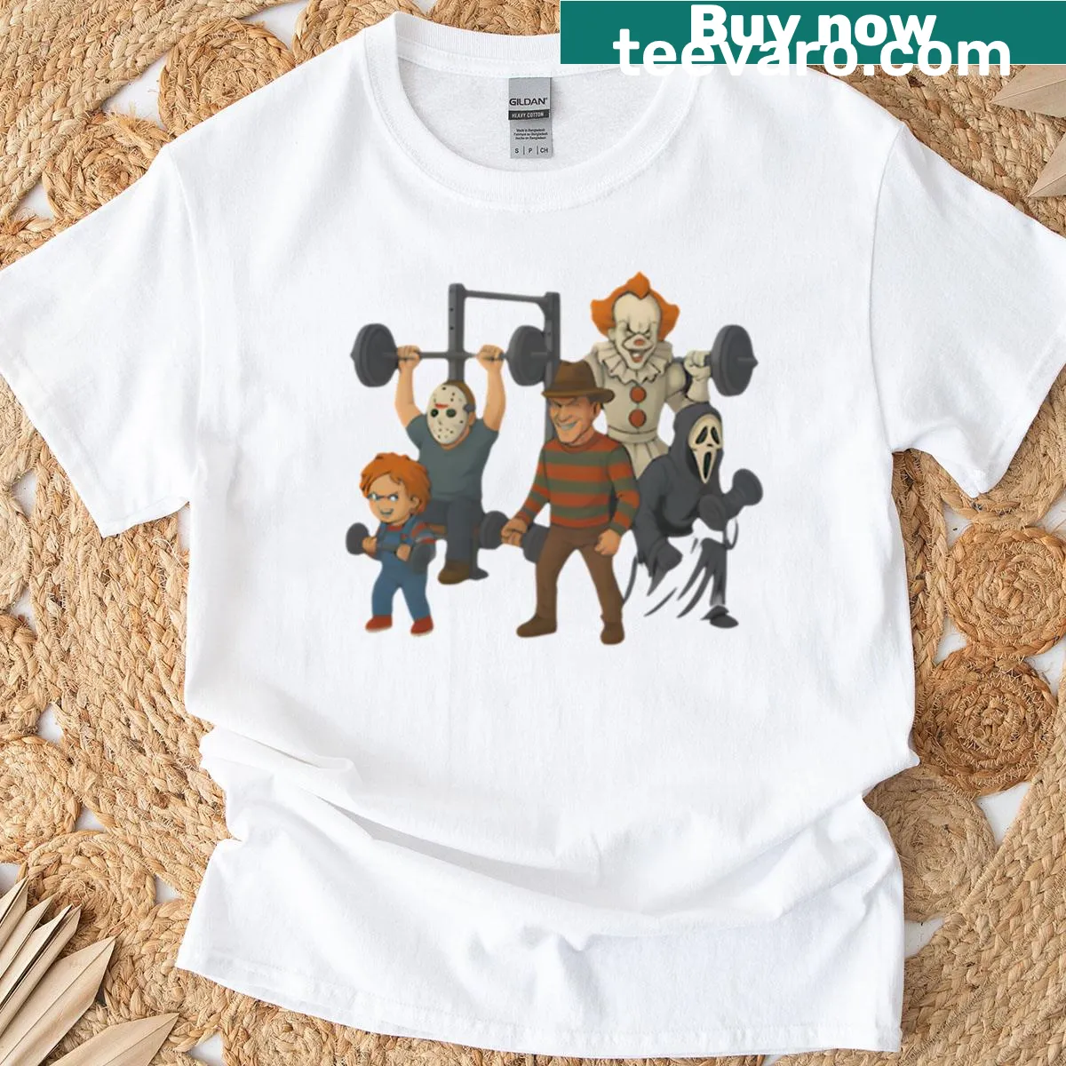 Horror-themed gym t-shirt featuring horror movie elements and gym motifs — on a men's t-shirt