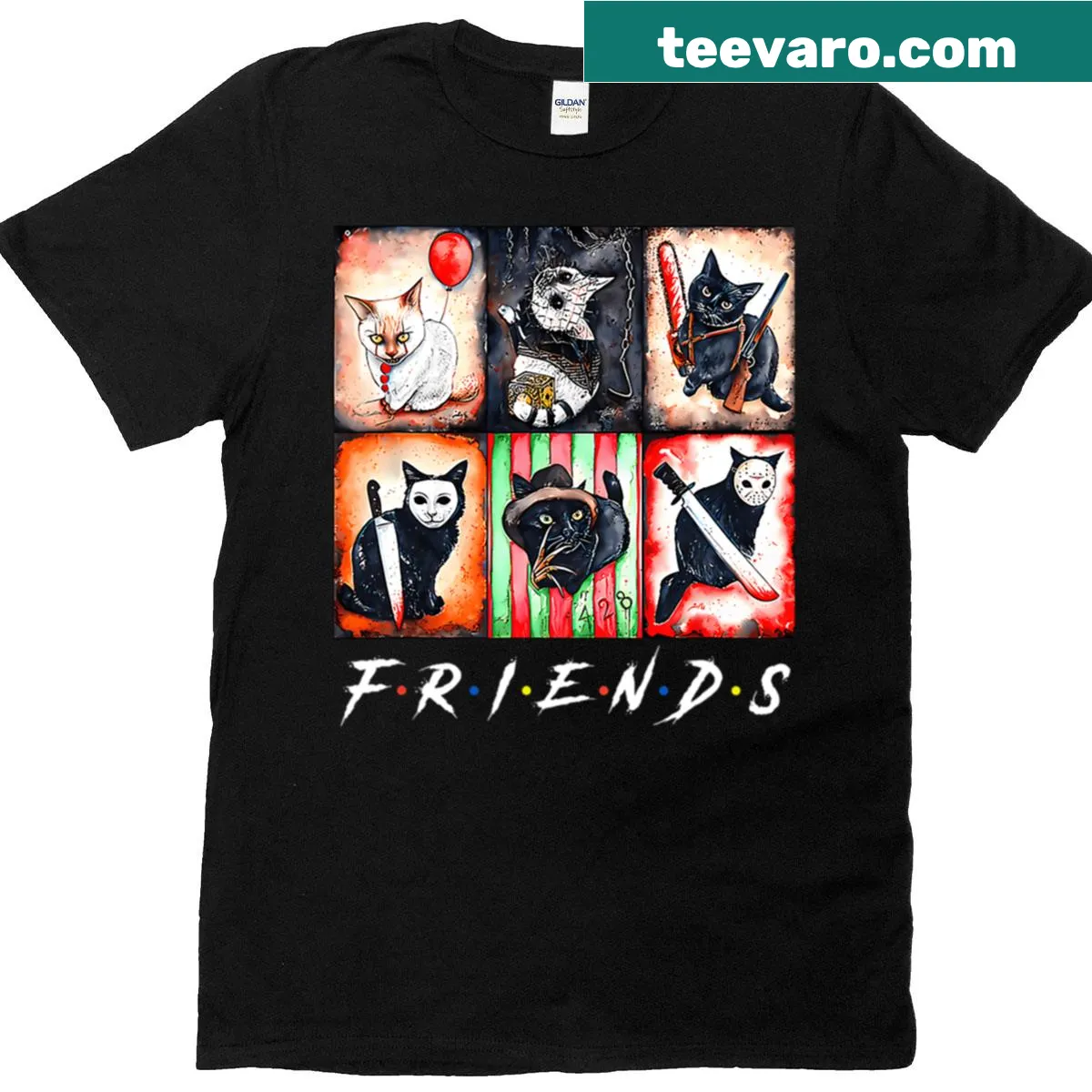 Oversized Halloween-themed t-shirt featuring horror and cat graphics. — on a men's t-shirt