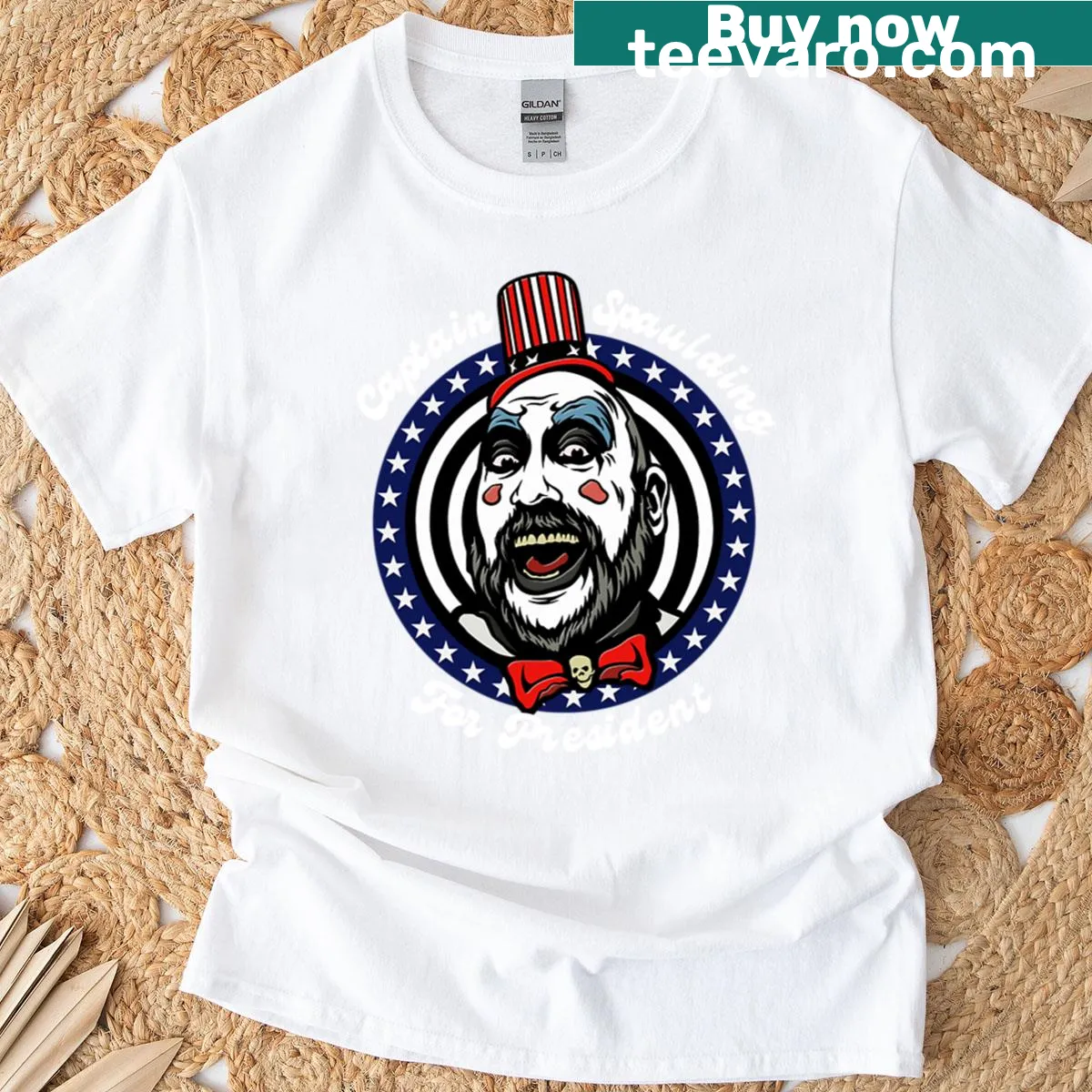 Oversized t-shirt featuring Captain Spaulding with a presidential theme — on a men's t-shirt