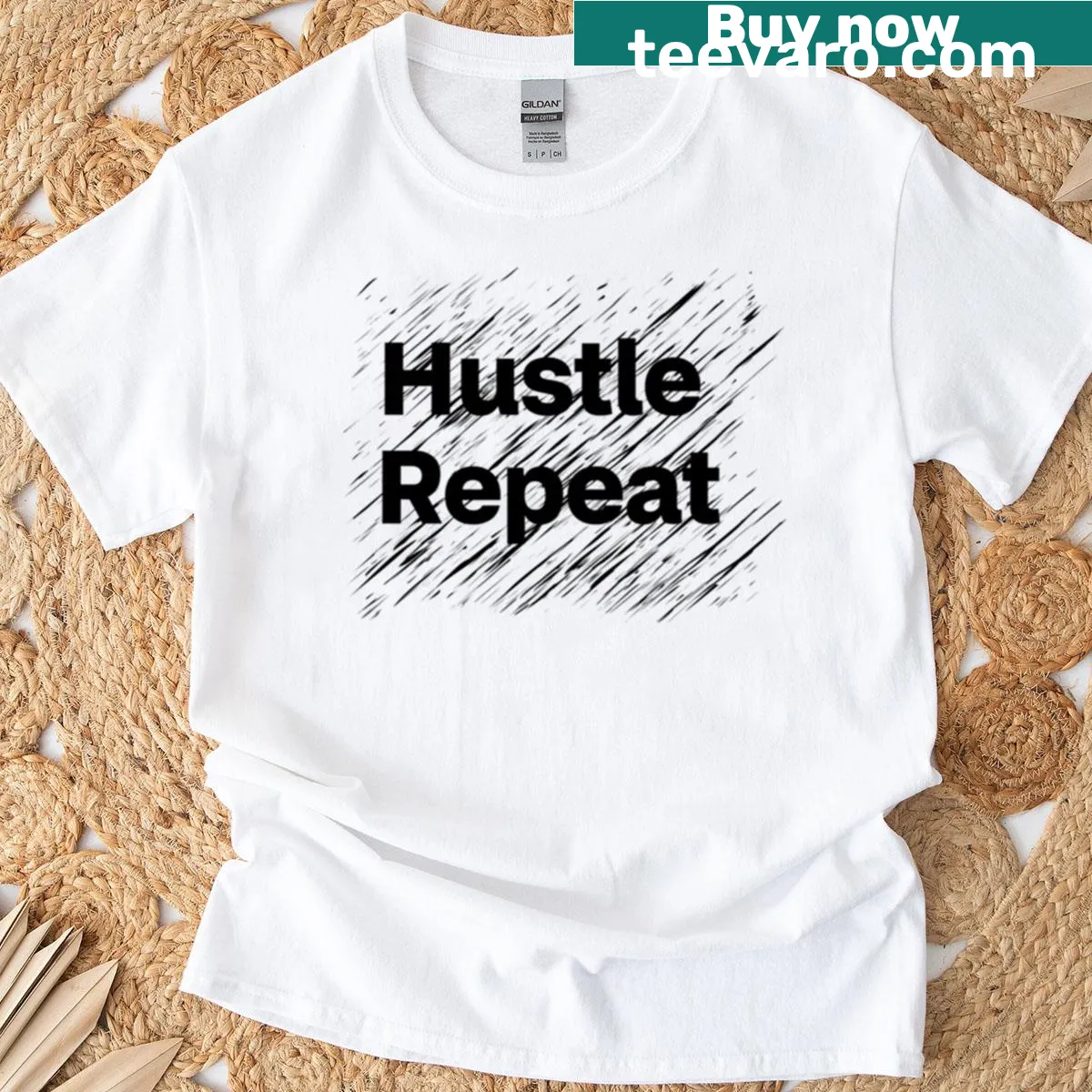 Motivational T-shirt with bold typography about hustling and repeating — on a men's t-shirt