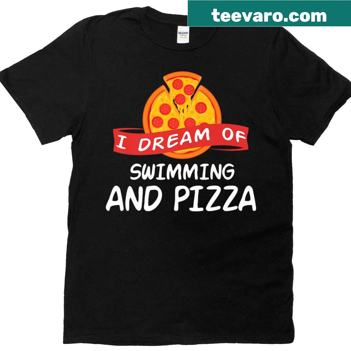T-shirt depicting a dream of swimming and pizza — on a men's t-shirt