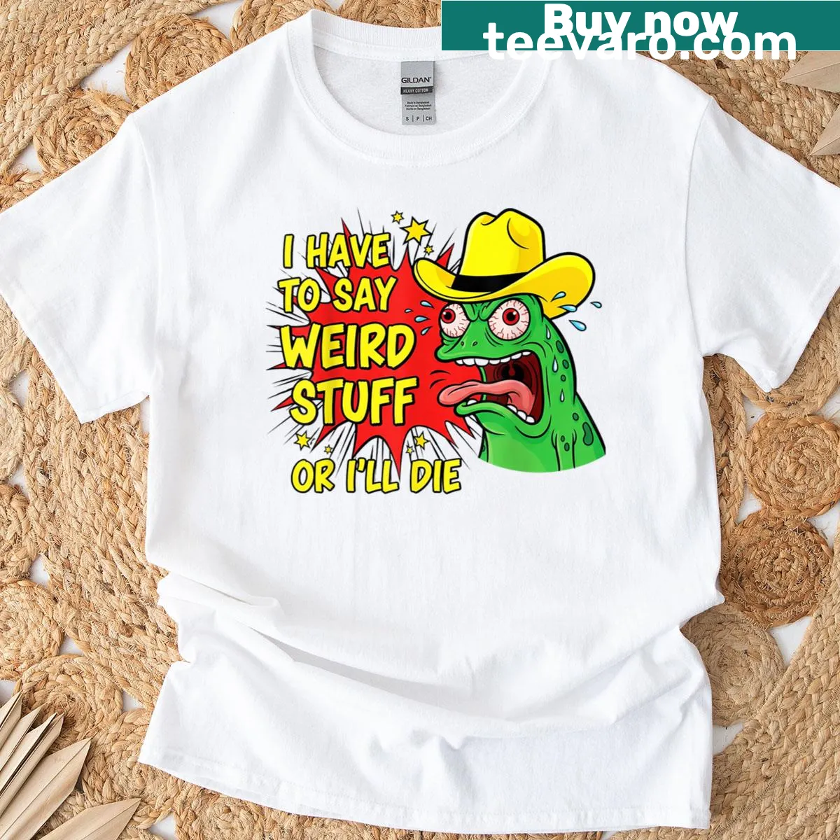 Funny frog cowboy meme t-shirt featuring humorous text — on a men's t-shirt
