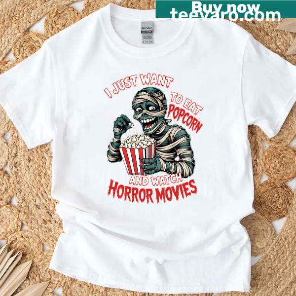 Whimsical Halloween t-shirt about popcorn and horror movies