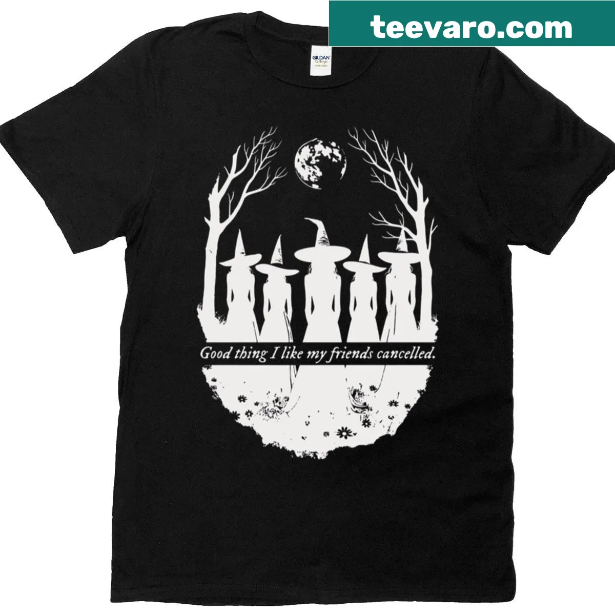 Funny Halloween t-shirt with cartoon witch graphic and quote — on a men's t-shirt
