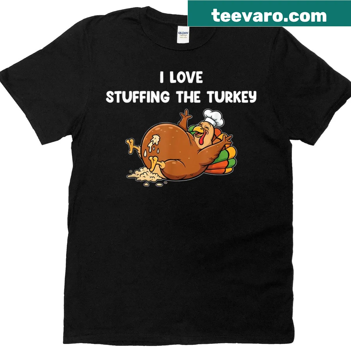 Matching couple T-shirt for Thanksgiving with turkey stuffing graphic — on a men's t-shirt
