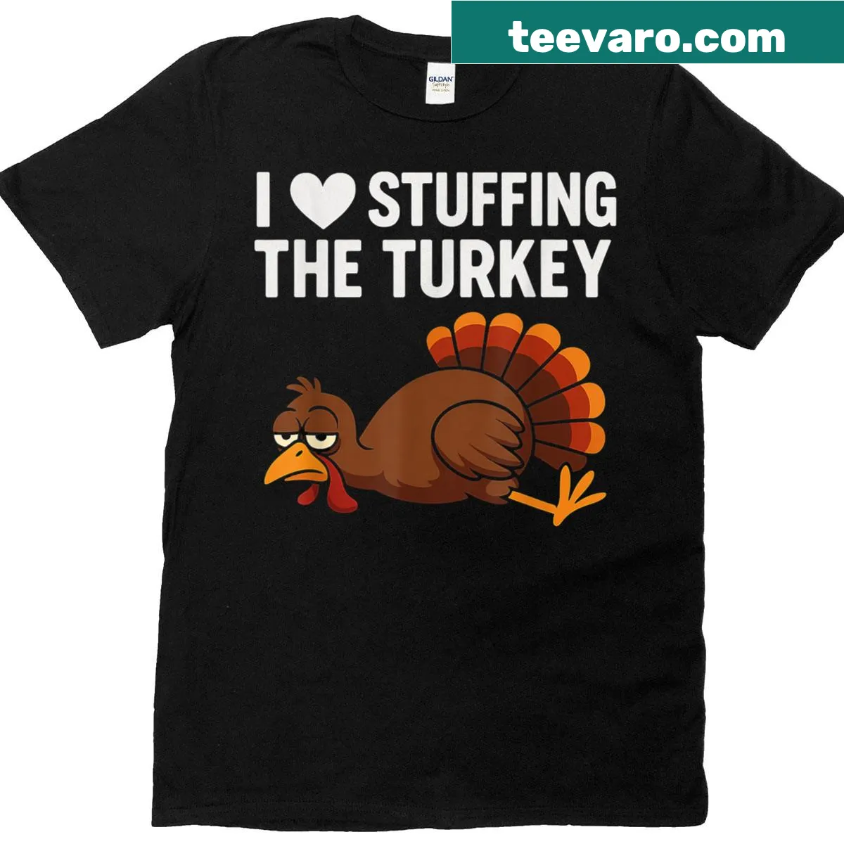 Matching couple T-shirts with I Love Stuffing The Turkey text — on a men's t-shirt