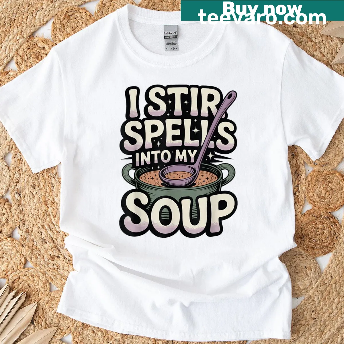Funny T-shirt with a kitchen witch and the phrase about stirring spells into soup — on a men's t-shirt