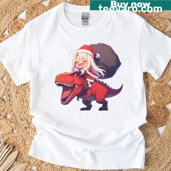 Cartoon dinosaur dressed as Santa with Illyasviel Von Einzbern on a t-shirt