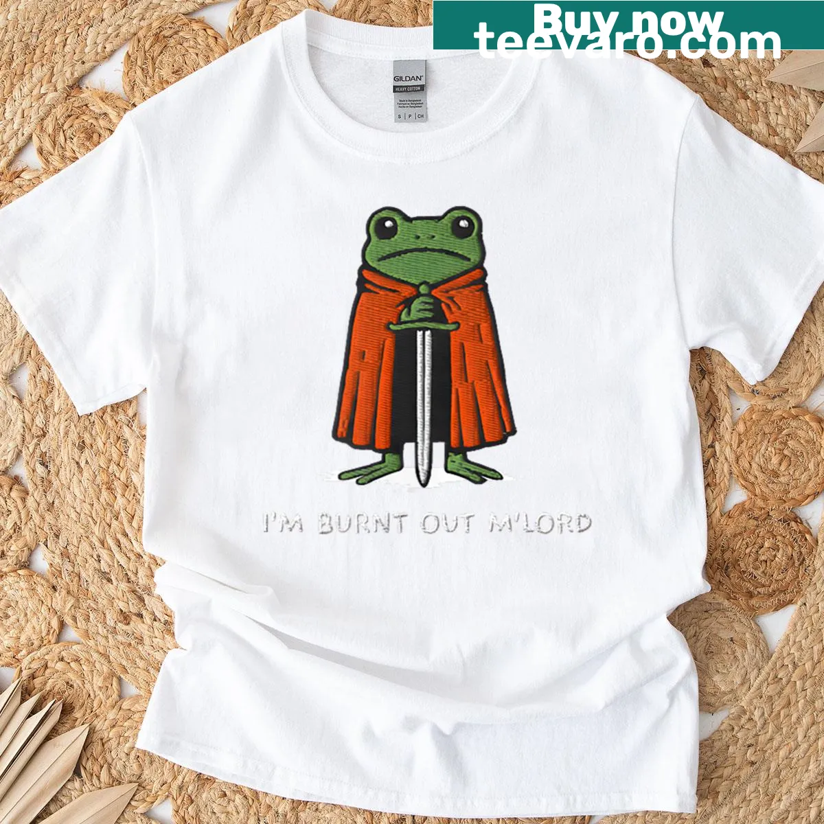 Funny knight frog meme t-shirt with cartoon design and humorous text — on a men's t-shirt