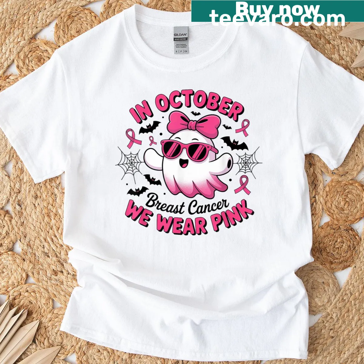 Meaningful Halloween t-shirt featuring ghosts and breast cancer awareness — on a men's t-shirt
