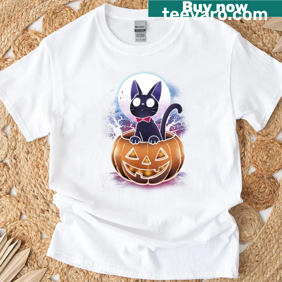 Cartoon T-shirt featuring Jiji the cat with a pumpkin design. — on a men's t-shirt