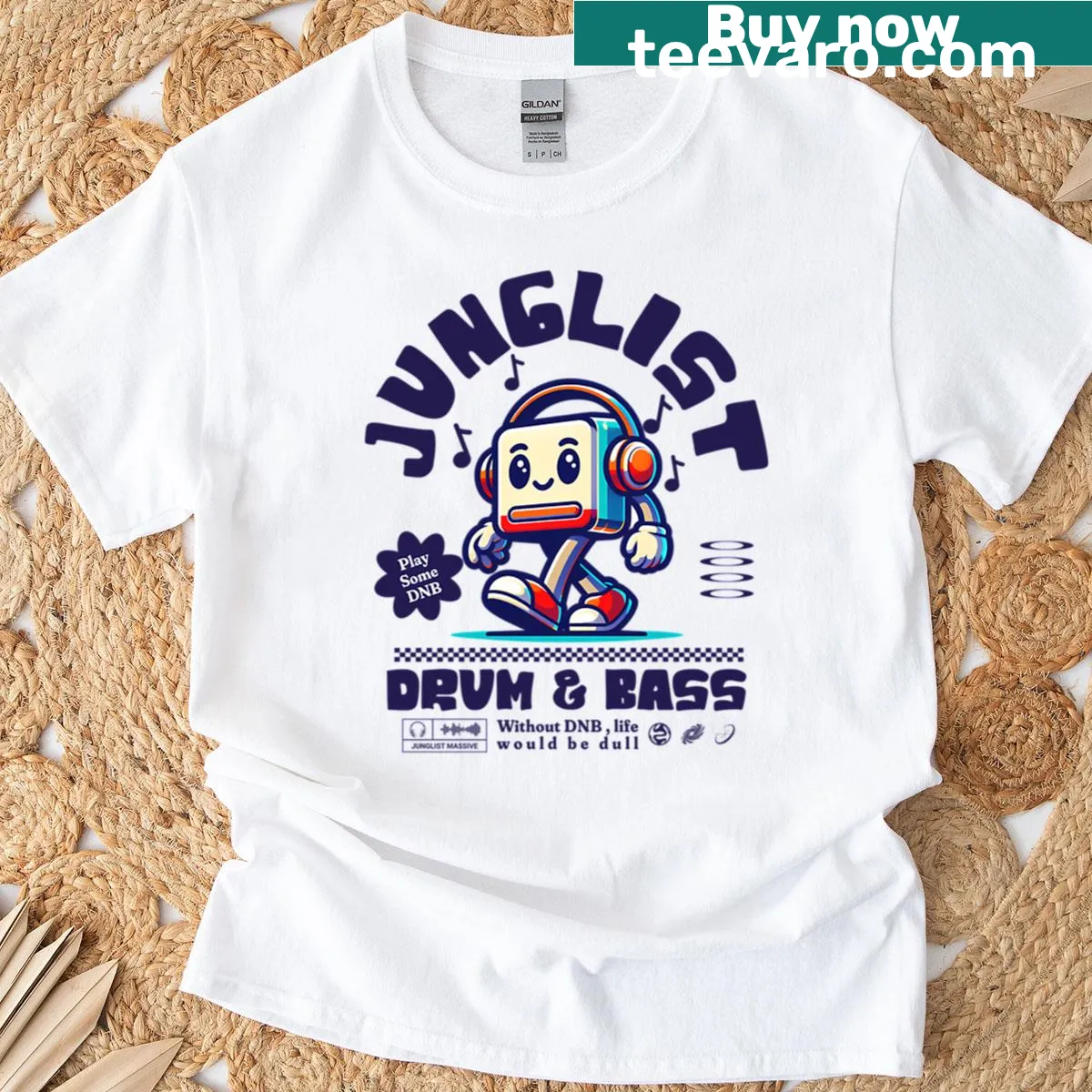 Humorous T-shirt with a cartoon eggplant mascot wearing headphones. — on a men's t-shirt