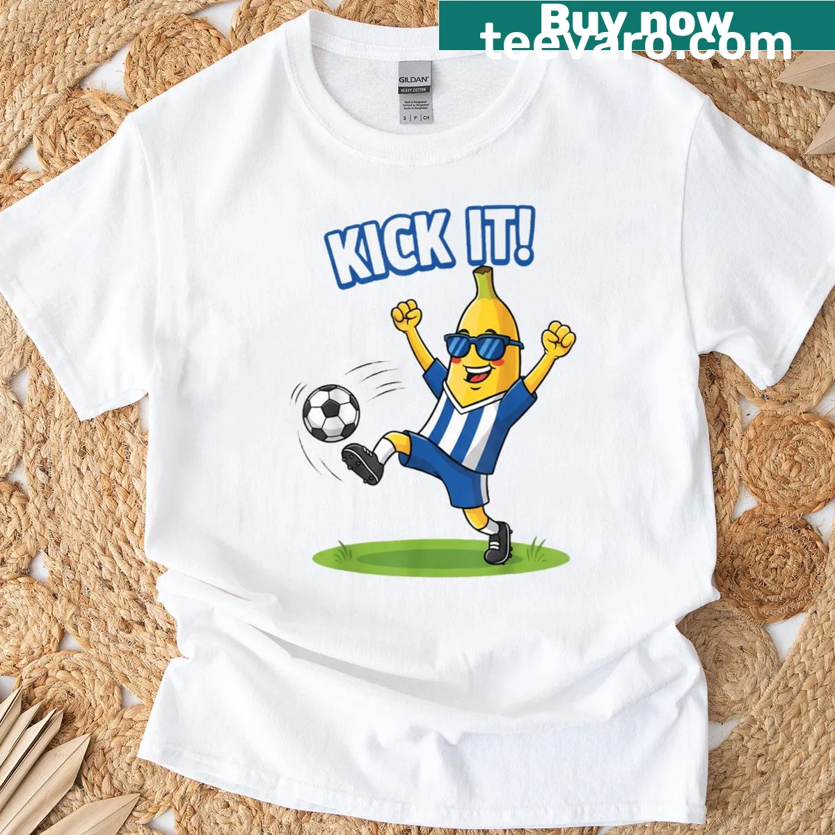 Cartoon banana kicking a soccer ball on a sporty t-shirt — on a men's t-shirt